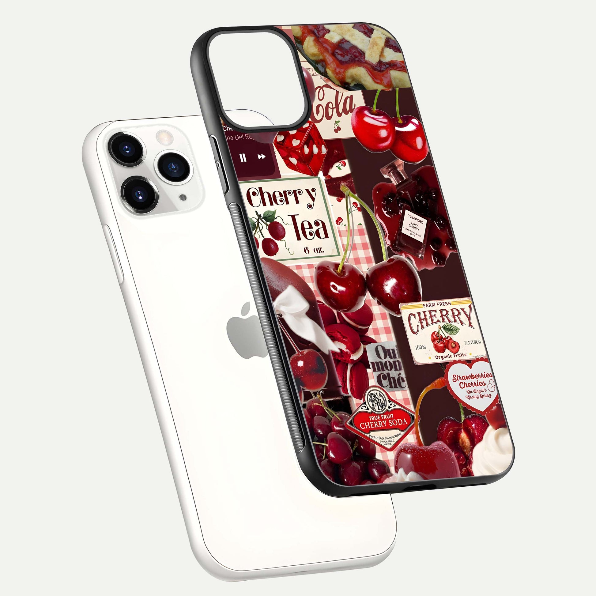 Aesthetic Cherry Tea Glass Case for iPhone 16 Pro floating dual-view mockup showing edge design and detailed cherry pattern gloss texture