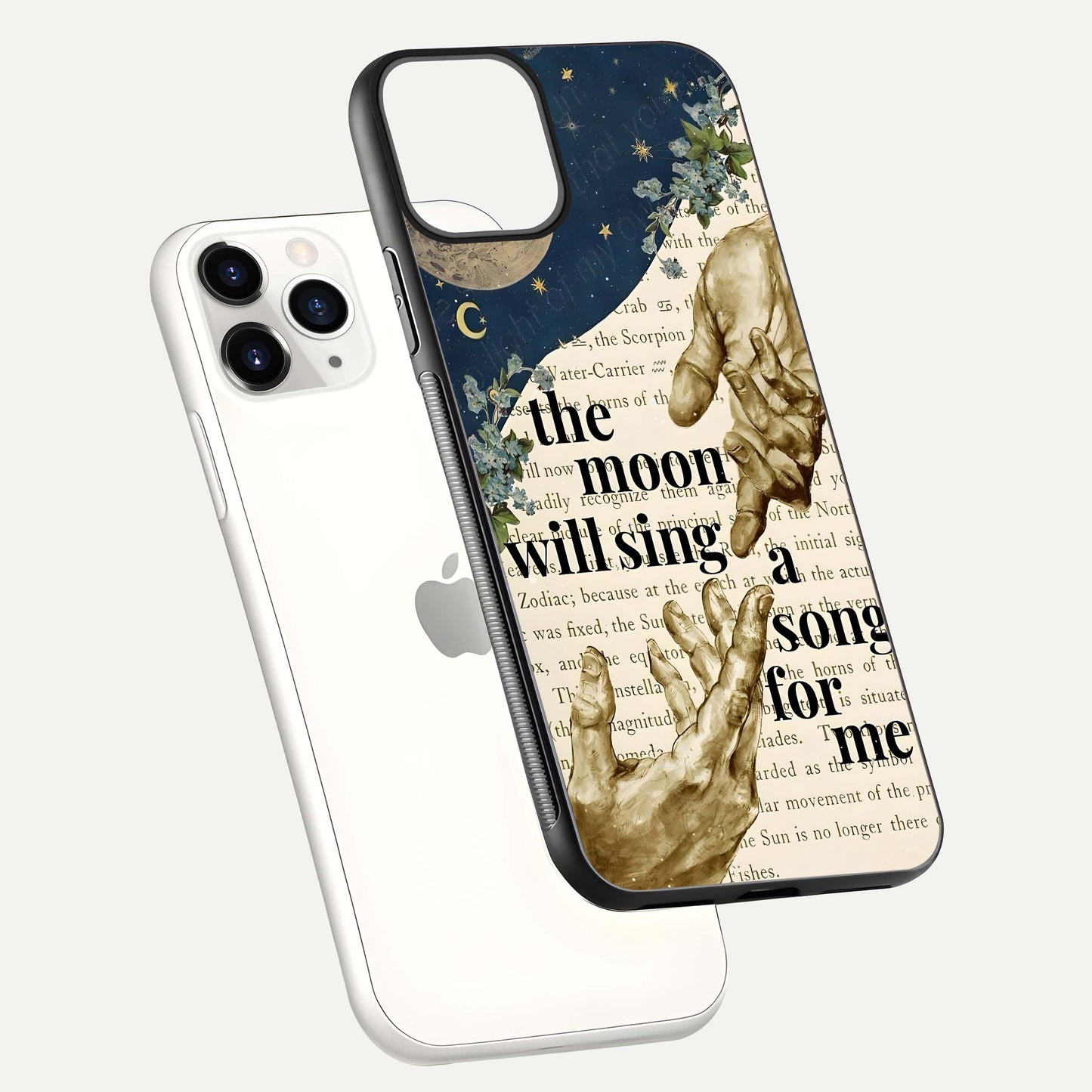 Aesthetic Divine Glass Case for iPhone 16 Pro floating dual-view mockup showing edge design and divine art gloss texture