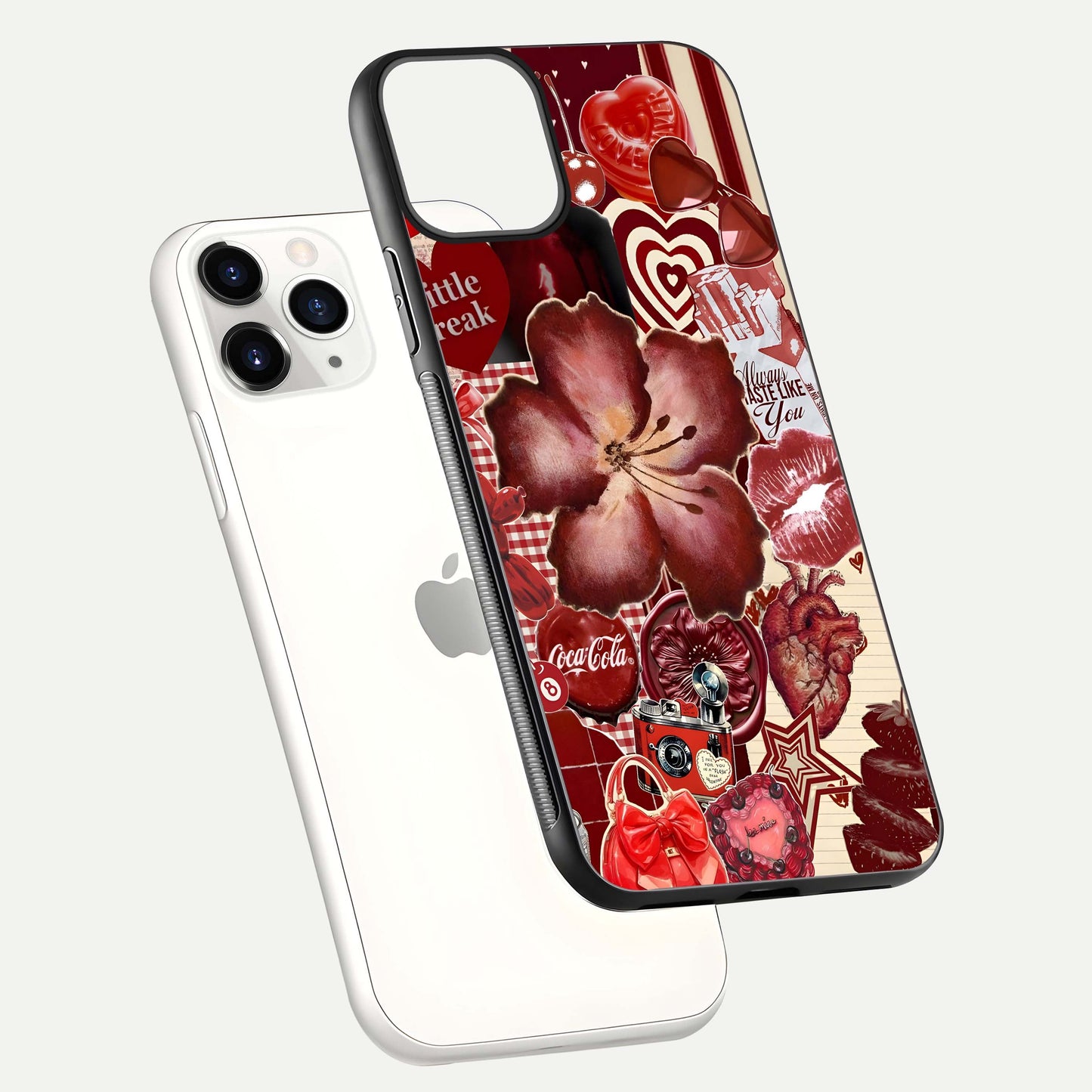 Aesthetic Little Freak Glass Case for iPhone 16 Pro floating dual-view mockup showing edge design and detailed collage gloss texture