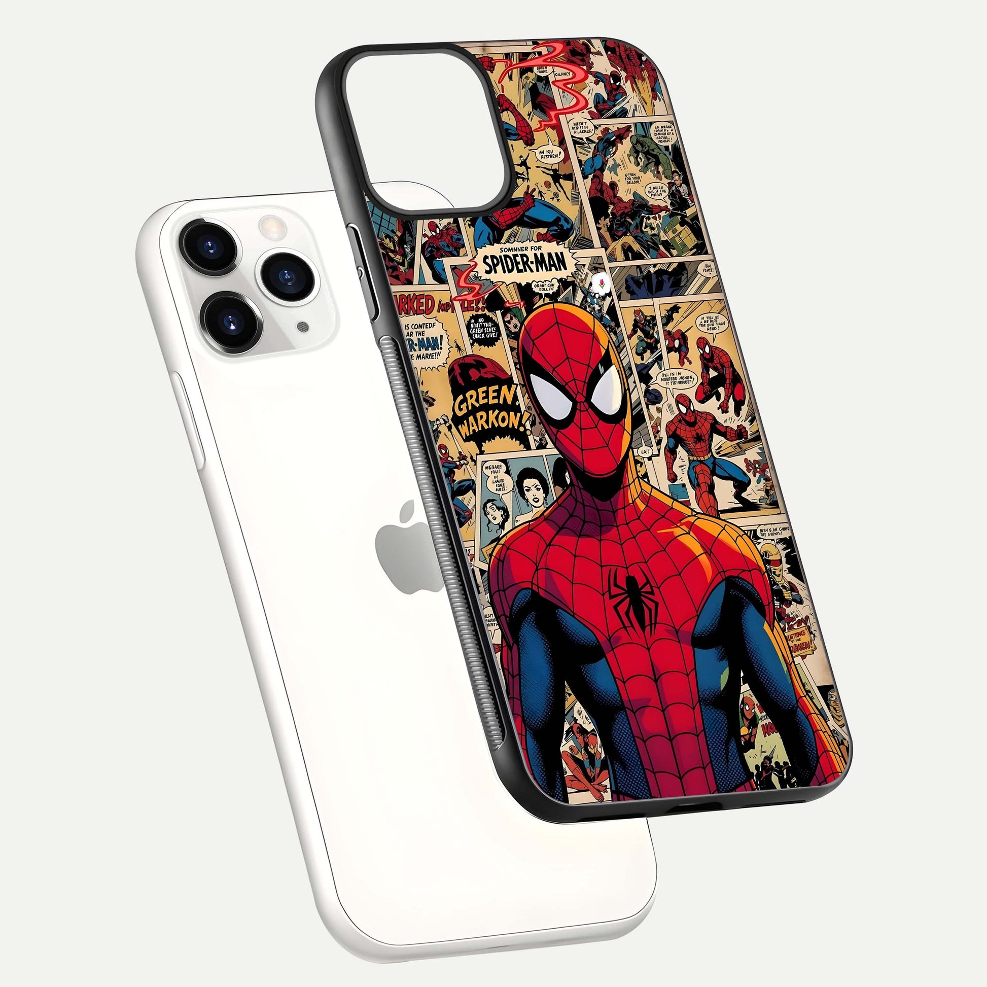 Aesthetic Spider Man Glass Case for iPhone 16 Pro floating dual-view mockup showing edge design and detailed Spider-Man gloss texture