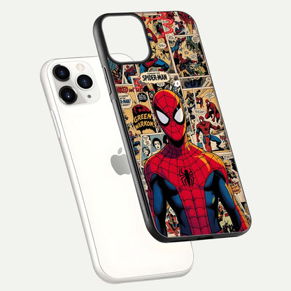 Aesthetic Spider Man Glass Case for iPhone 16 Pro floating dual-view mockup showing edge design and detailed Spider-Man gloss texture