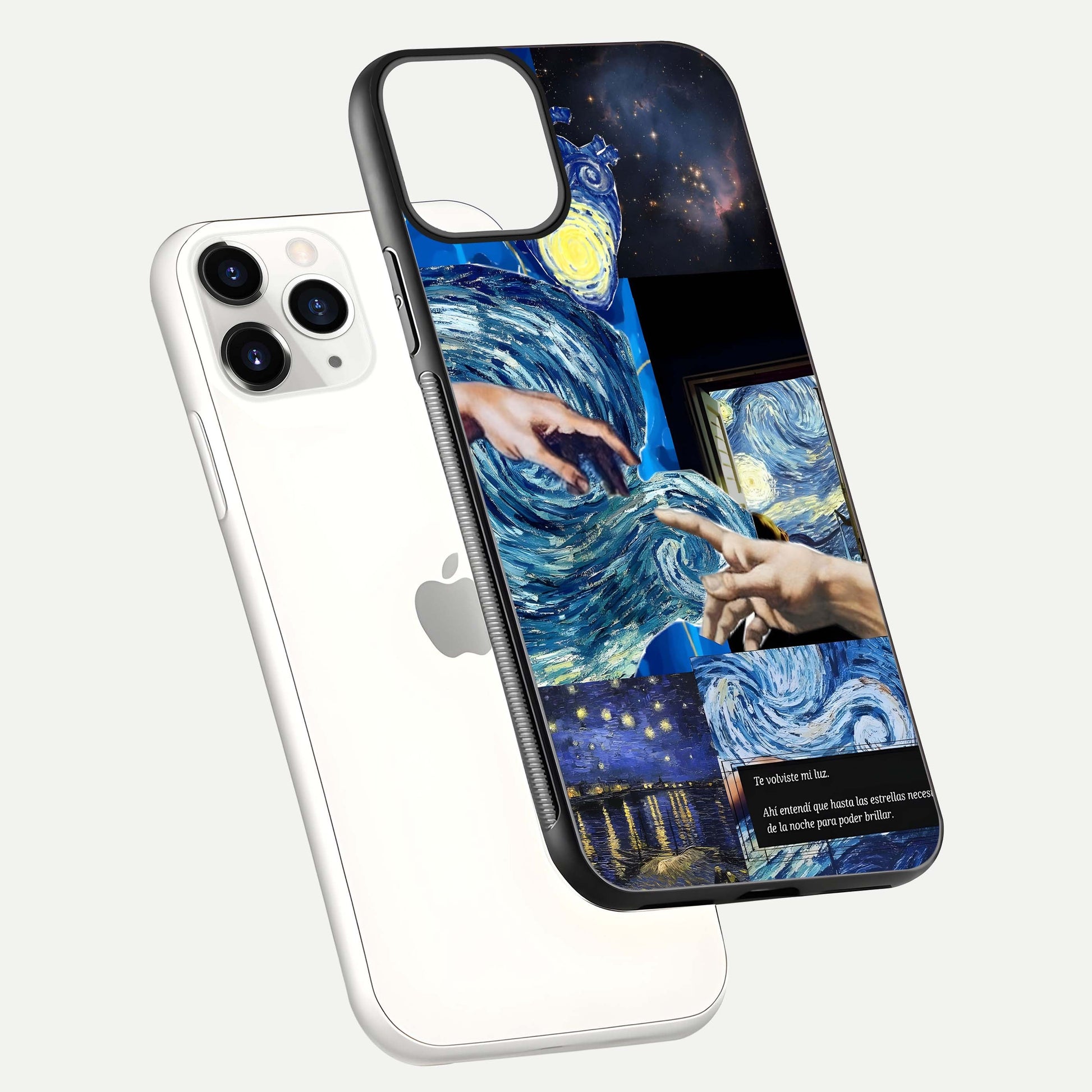 Aesthetic Vando Hands Glass Case for iPhone 16 Pro floating dual-view mockup showing slim edge profile and high-definition gloss
