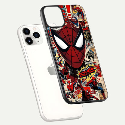 Aesthetic Wonder Spider Glass Case for iPhone 16 Pro floating mockup emphasizing superhero art and glossy reflection
