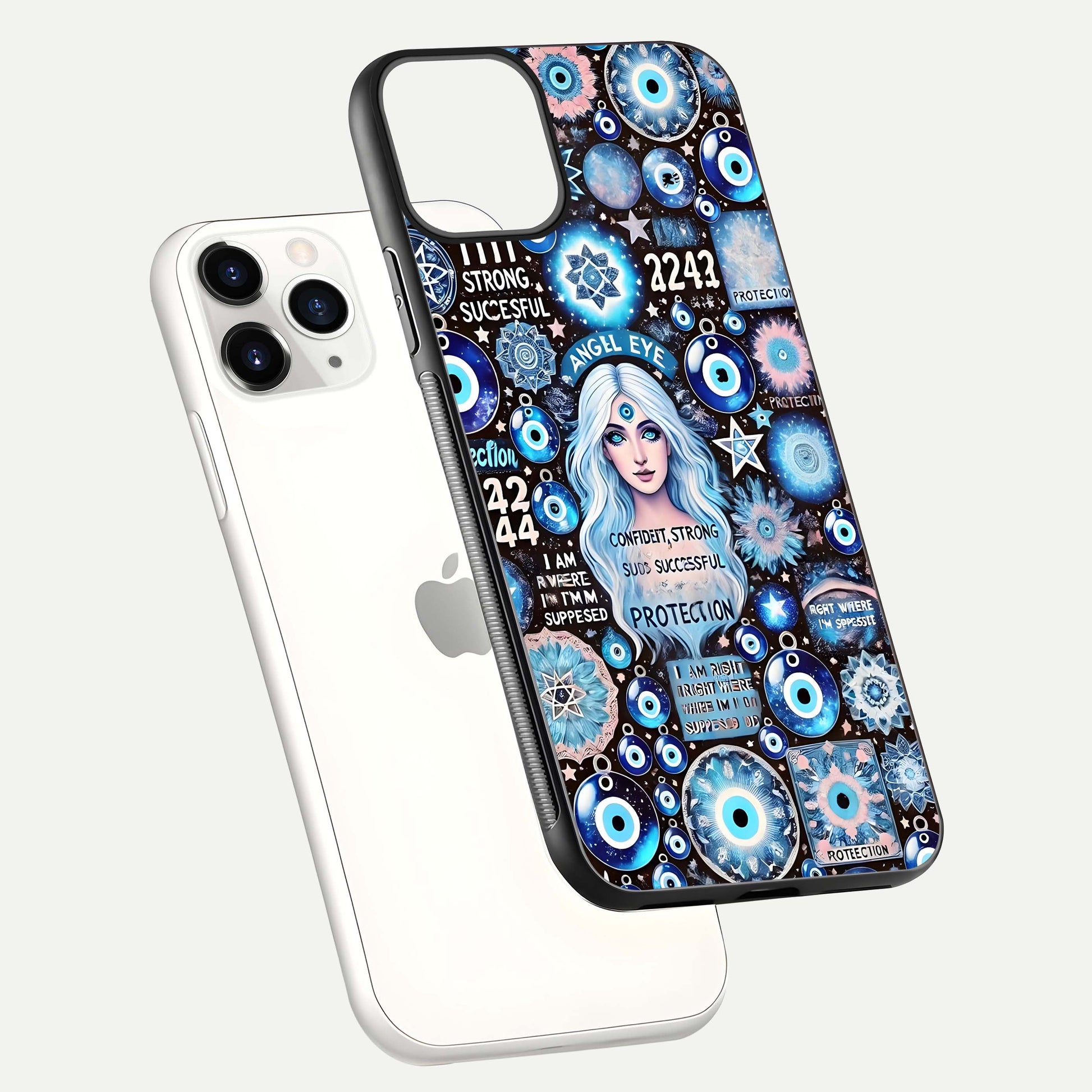 Angel Aura Shield Glass Case for iPhone 16 Pro floating angle showing light reflection and protective edge structure