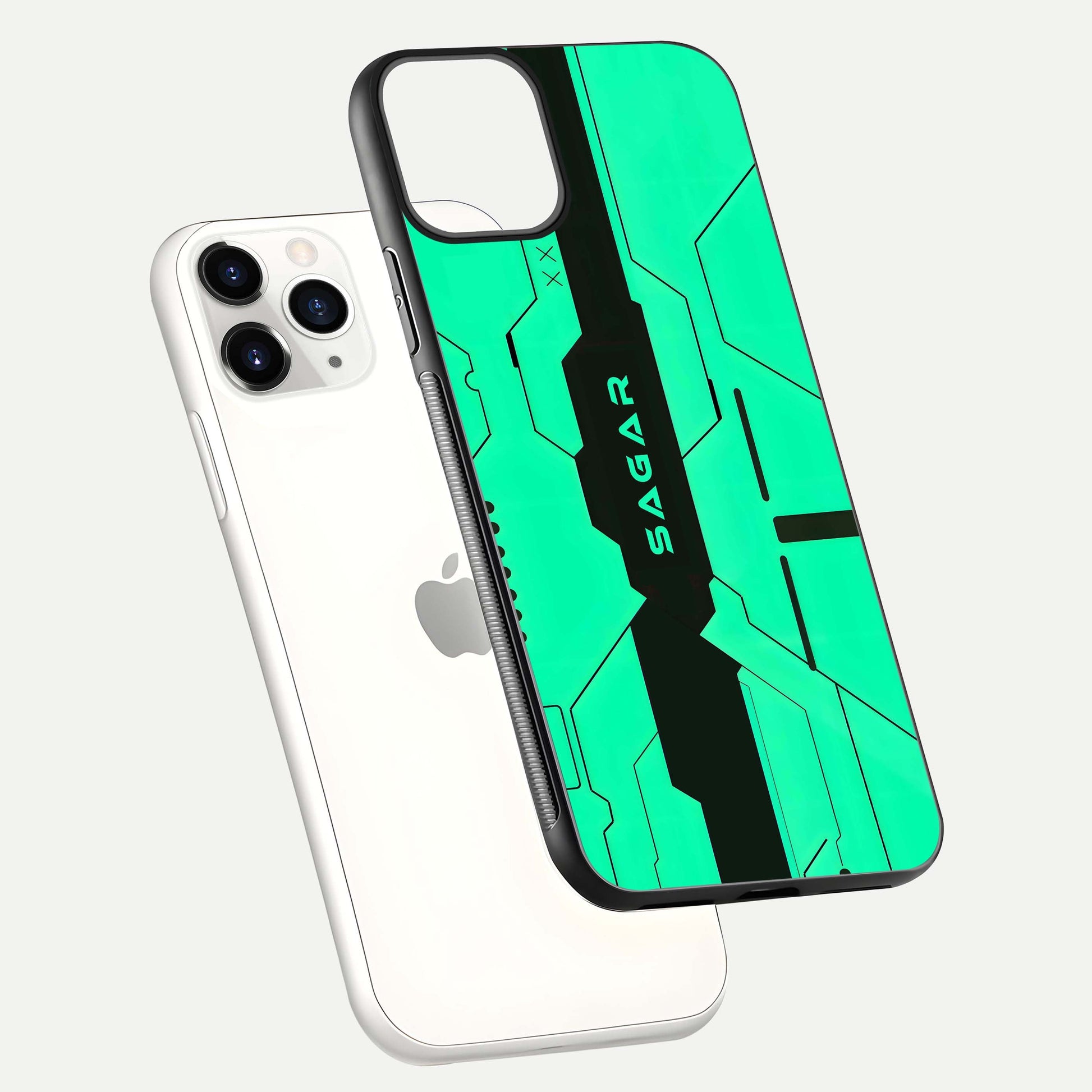 Aqua Tech CYBERPUNK Custom Name Glass Case for iPhone 16 Pro floating mockup highlighting name customization area