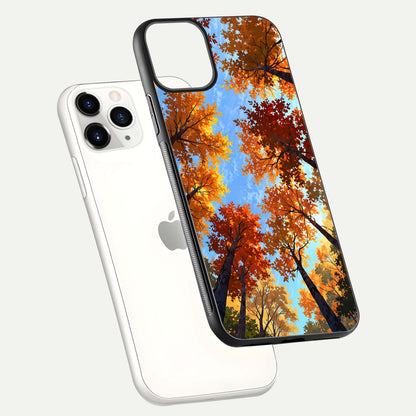 Autumn Sky Rise Glass Case for iPhone 11 Pro floating dual-view mockup with sky horizon and glossy highlights