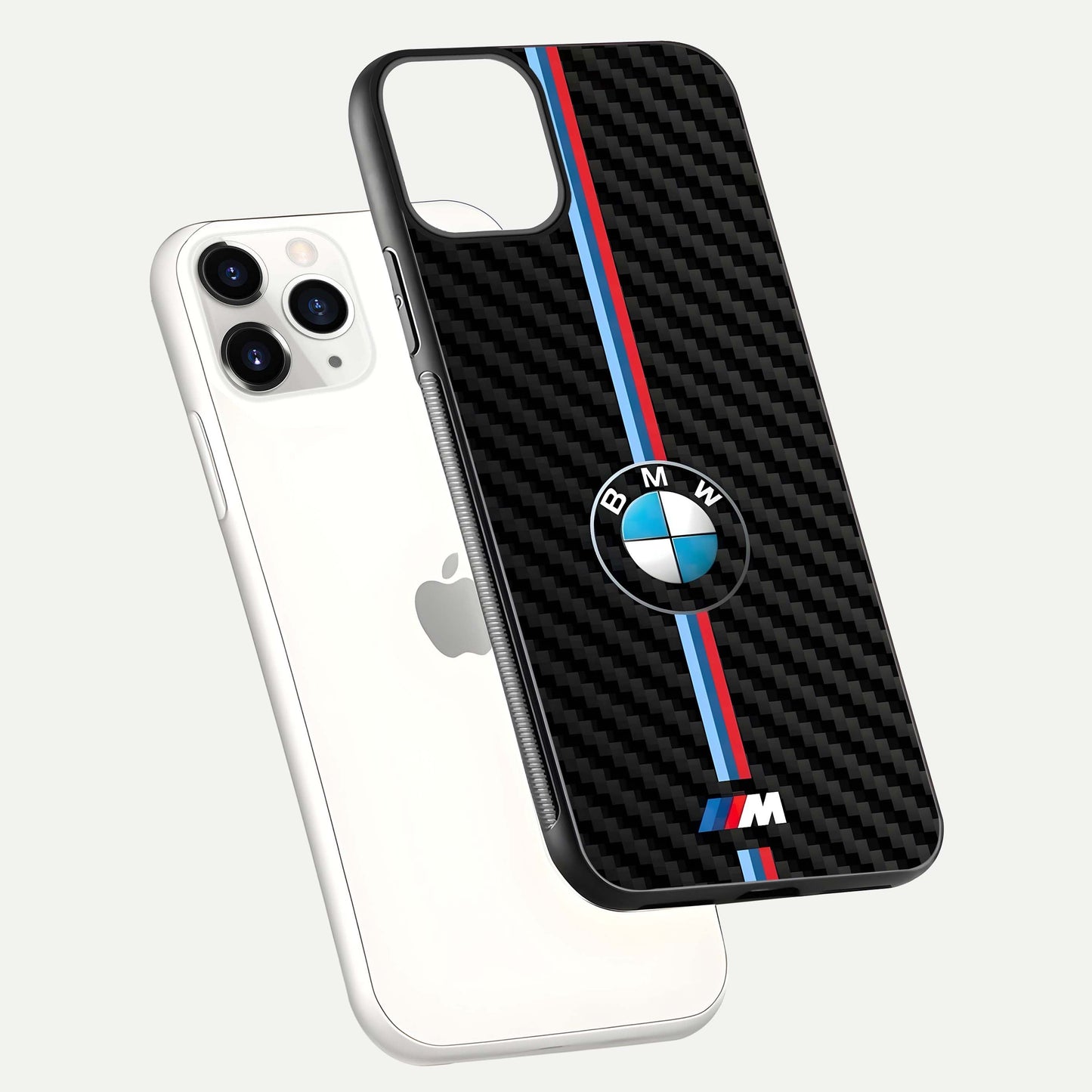 BMW Pattern Glass Case for iPhone 11 Pro floating mockup highlighting clean lines and metallic accent reflection