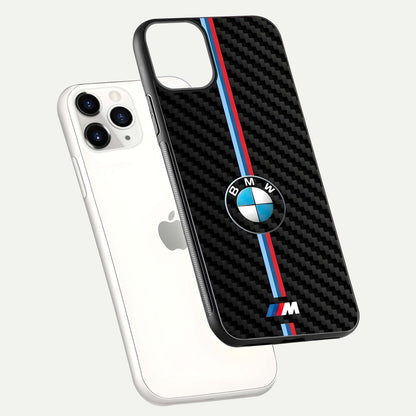 BMW Pattern Glass Case for iPhone 11 Pro floating mockup highlighting clean lines and metallic accent reflection