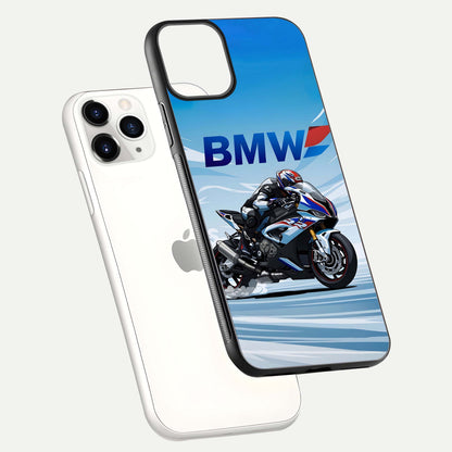BMW Power Drift Glass Case for iPhone 11 Pro floating mockup displaying bold drift artwork and glossy polish