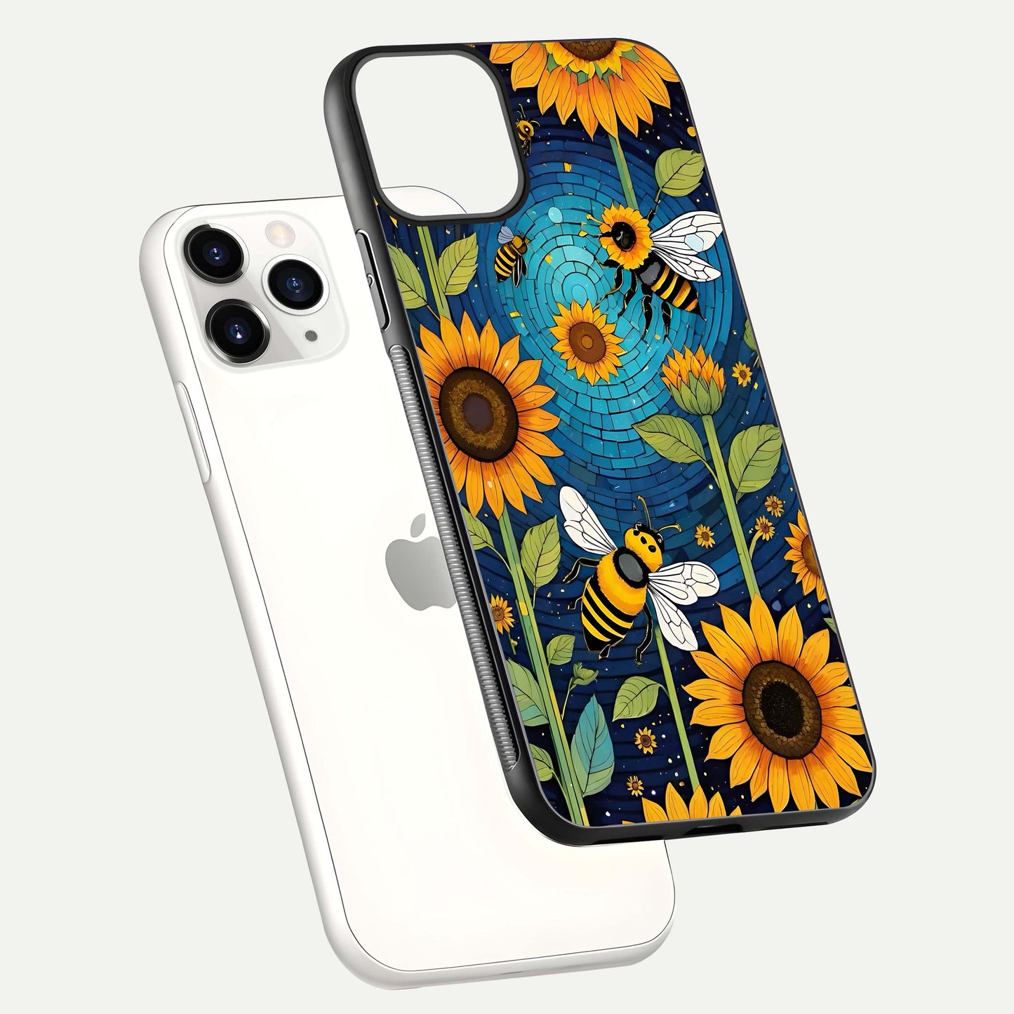 Bees & Sunflowers Glass Case for iPhone 11 Pro floating dual-view mockup displaying vibrant yellow tones and gloss texture