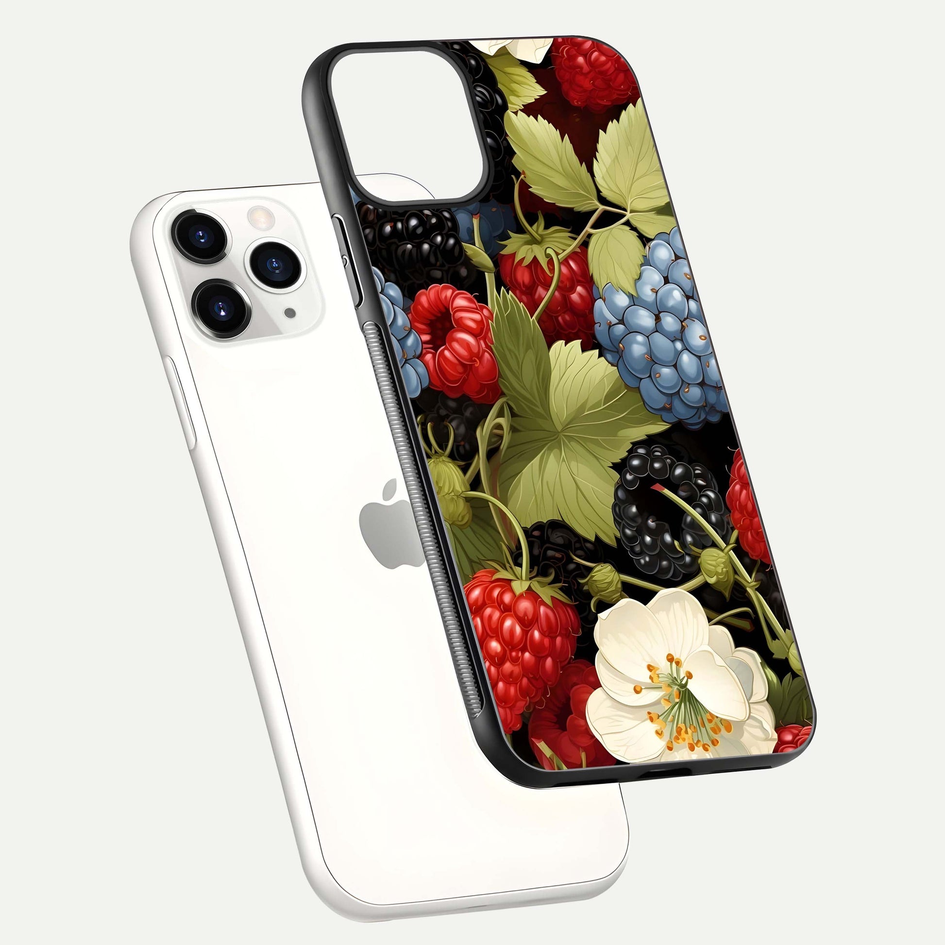 Berry Bloom Charm Glass Case for iPhone 11 Pro floating mockup capturing glossy reflection and curved-edge finish
