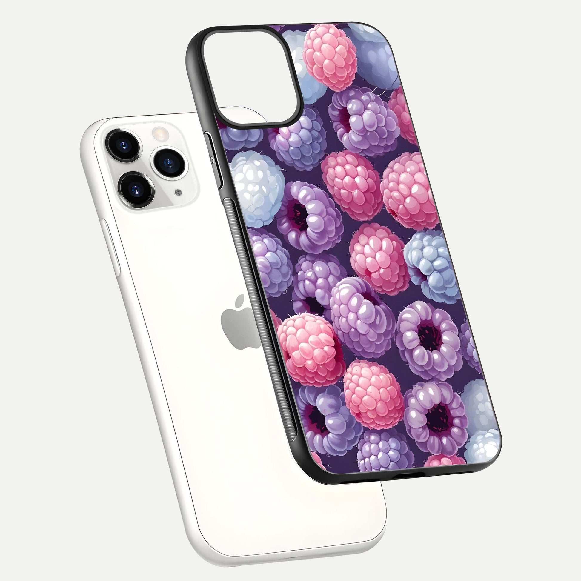 Berry Candy Pop Glass Case for iPhone 11 Pro floating dual-view mockup highlighting gloss shine and curved edges