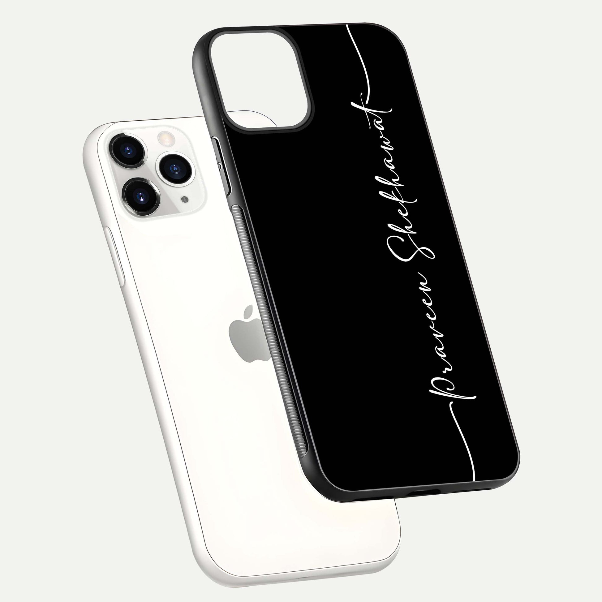 Black Tune Custom Name Glass Case for iPhone 16 Pro floating dual-view mockup emphasizing modern glossy texture