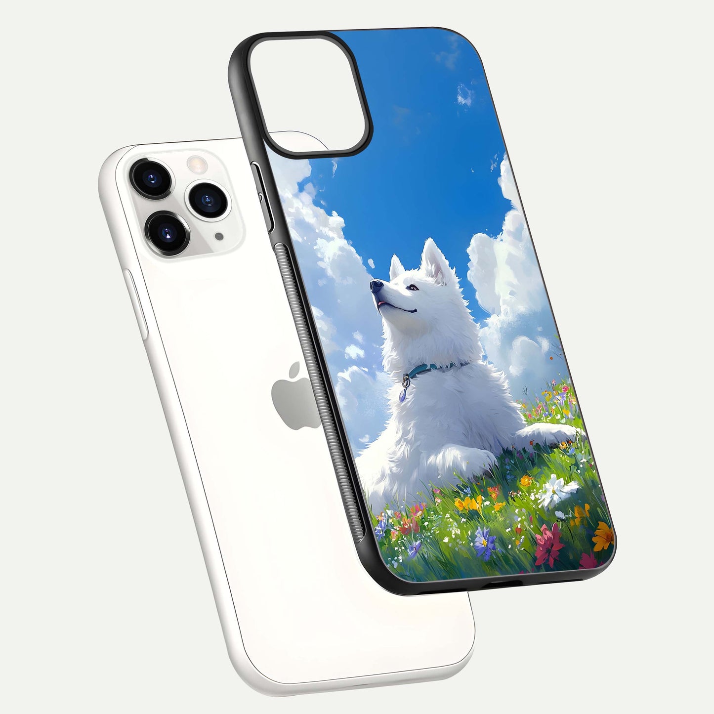 Blissful Cloud Pup Glass Case for iPhone 16 Pro floating mockup capturing playful aesthetic and gloss finish