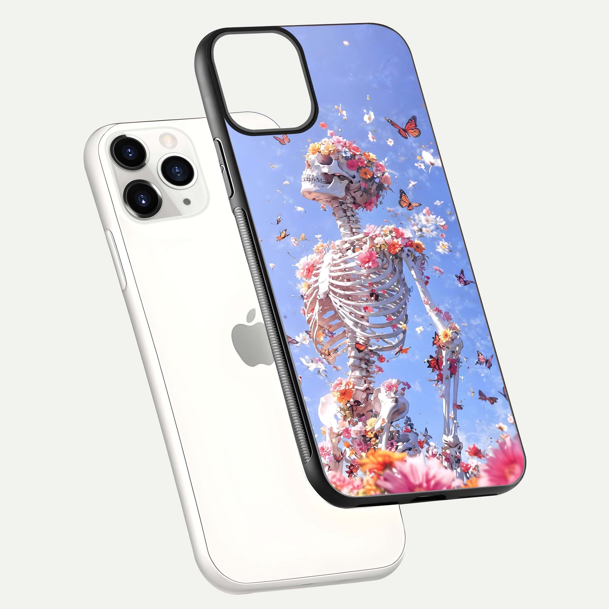 Bloom Beyond Bones Glass Case for iPhone 11 Pro floating mockup displaying shine, texture, and gloss detail