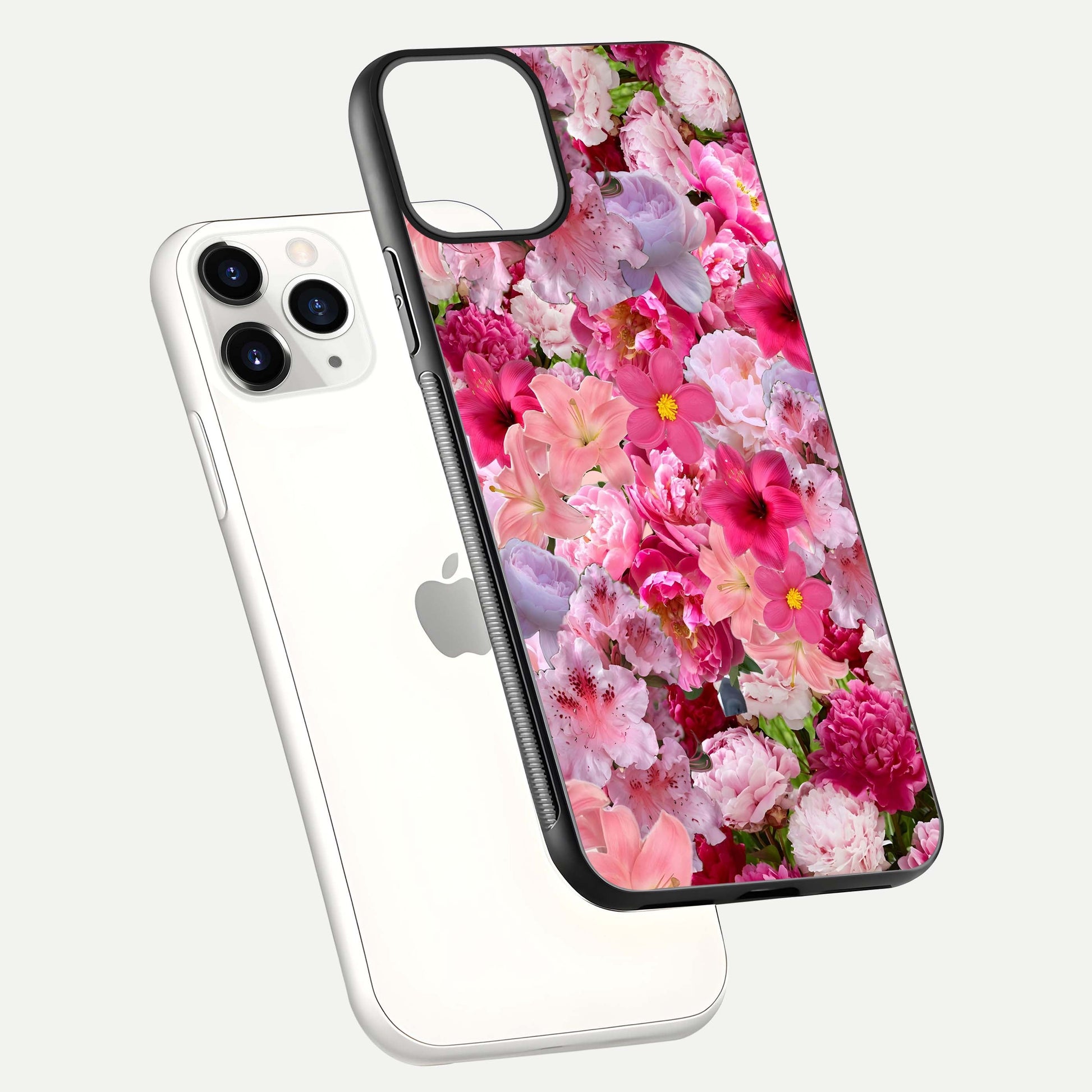 Bloom Crush Fantasy Glass Case for iPhone 11 Pro floating mockup showing floral pattern clarity and HD glass