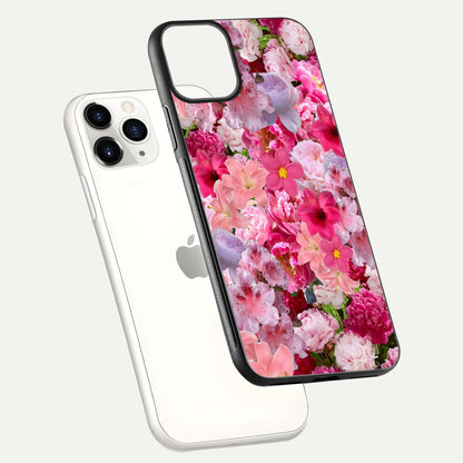Bloom Crush Fantasy Glass Case for iPhone 11 Pro floating mockup showing floral pattern clarity and HD glass
