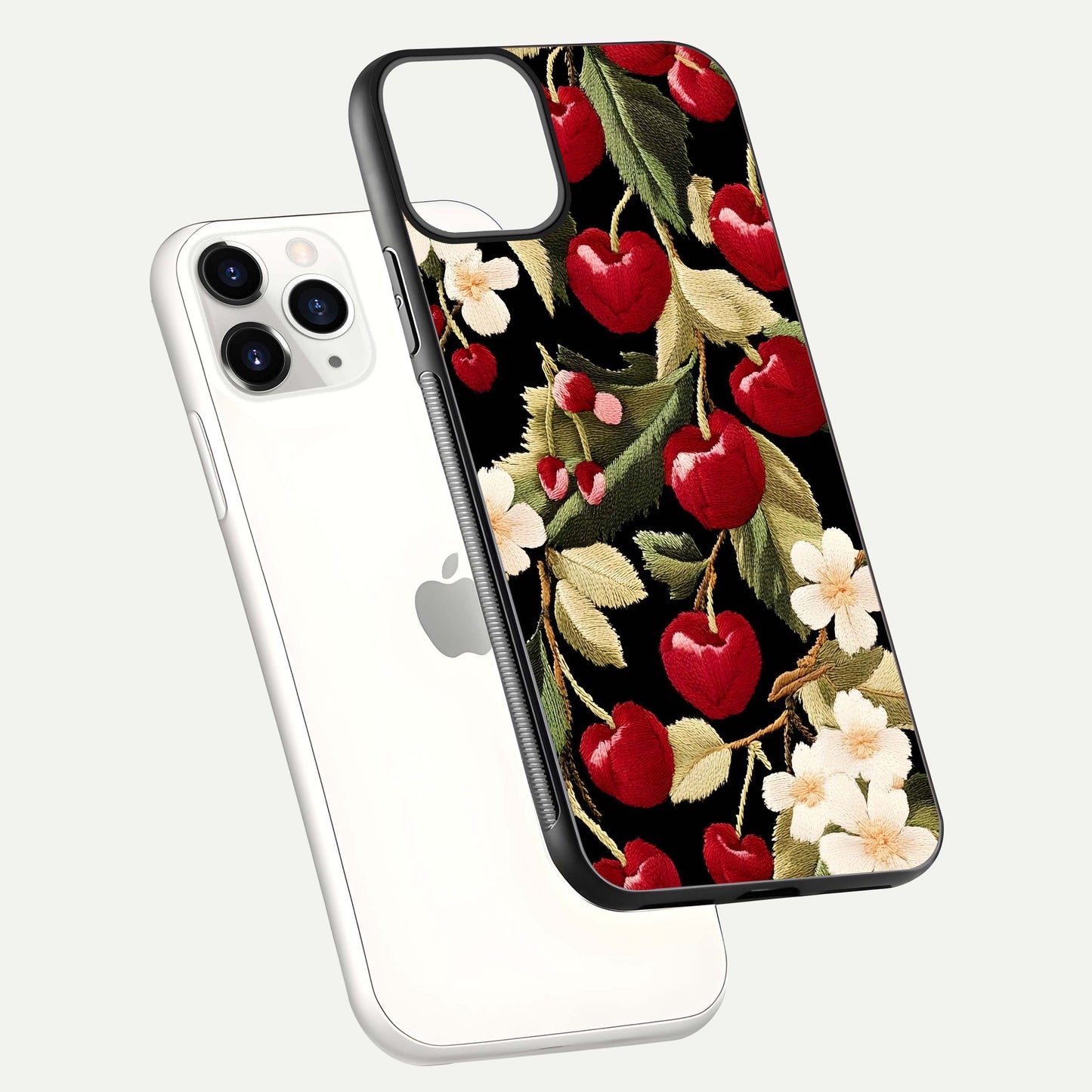 Bloom Thread Art Glass Case for iPhone 11 Pro floating mockup showing premium reflection and stitched art vibe