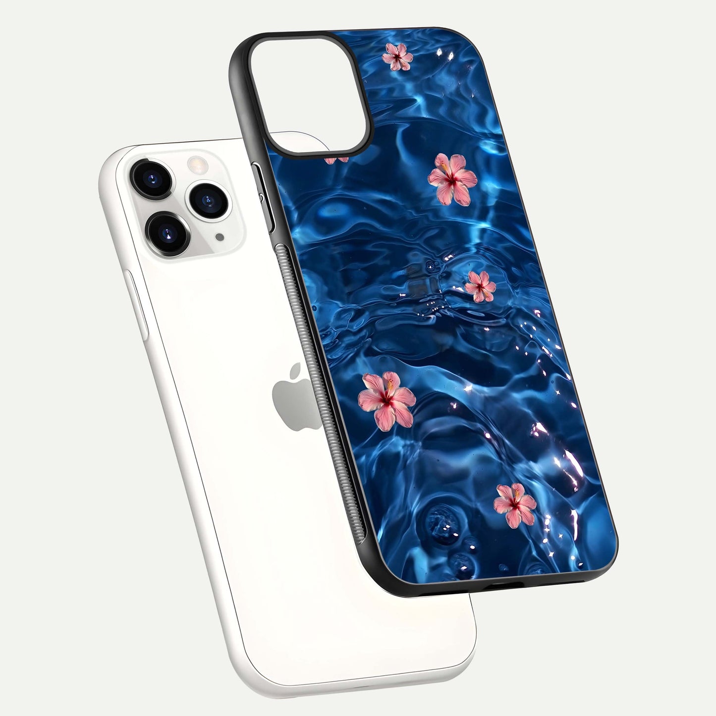 Blooming Water Drift Glass Case for iPhone 11 Pro floating dual-view mockup showing floral drift pattern and reflective surface