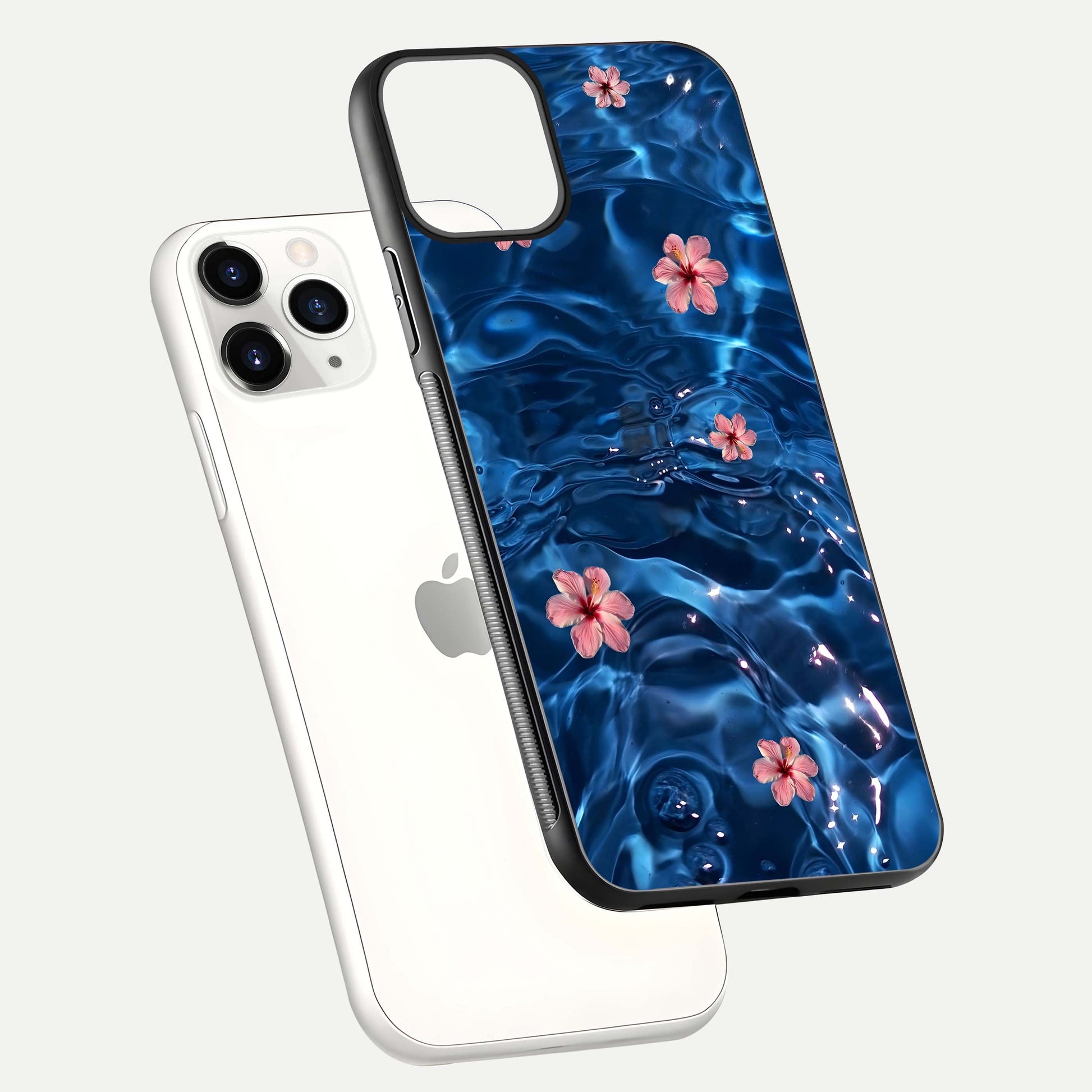 Blooming Water Drift Glass Case for iPhone 11 Pro floating dual-view mockup showing floral drift pattern and reflective surface
