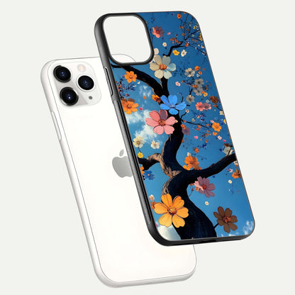 Blossom Dream Sky Glass Case for iPhone 11 Pro floating dual-mockup displaying smooth finish and elegant sky tones
