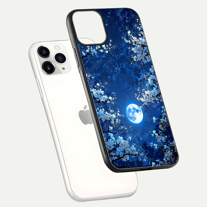 Blossom Moonlight Sky Glass Case for iPhone 11 Pro floating mockup showing glowing moon accent and HD gloss texture