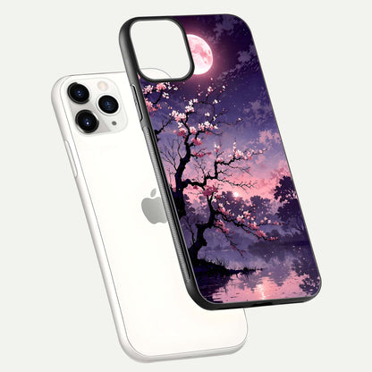 Blossom Pink Moon Glass Case for iPhone 11 Pro floating mockup emphasizing dreamy pink moon aura and smooth finish