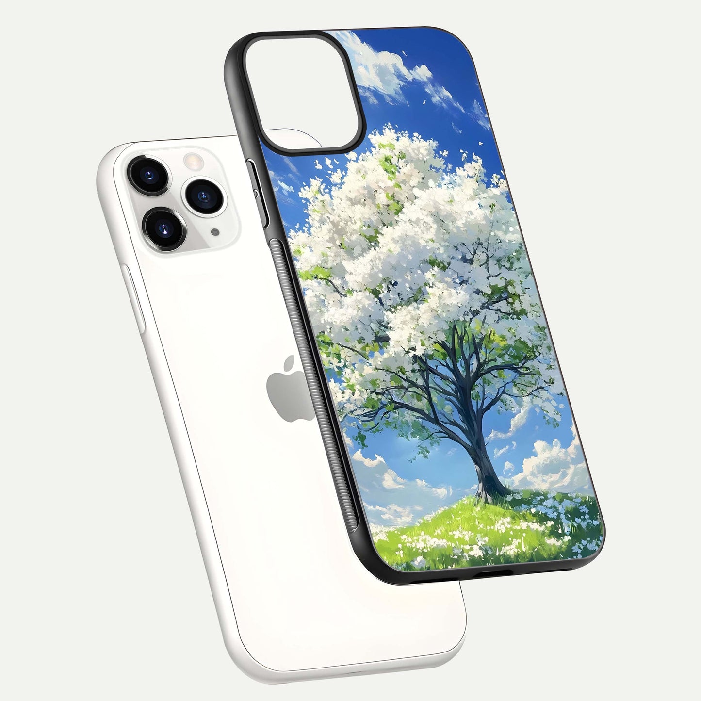 Blossom Sky Serenity Glass Case for iPhone 11 Pro floating mockup capturing gloss surface and tranquil design