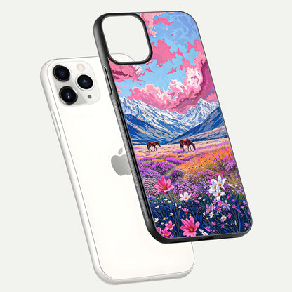 Blossom Valley Dream Glass Case for iPhone 11 Pro floating mockup showing floral valley blend and reflective surface