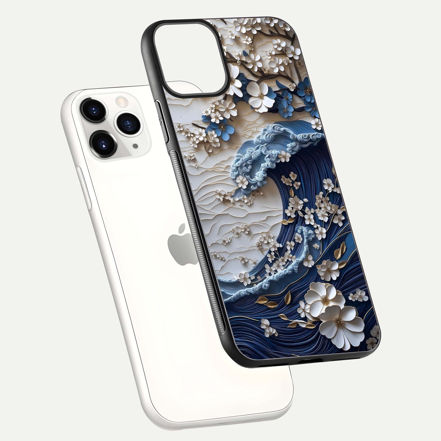 Blossom Wave Art Glass Case for iPhone 11 Pro floating mockup displaying pattern details and reflective shine