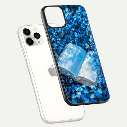 Blue Bloom Tales Glass Case for iPhone 11 Pro floating mockup showing detailed bloom and reflective surface