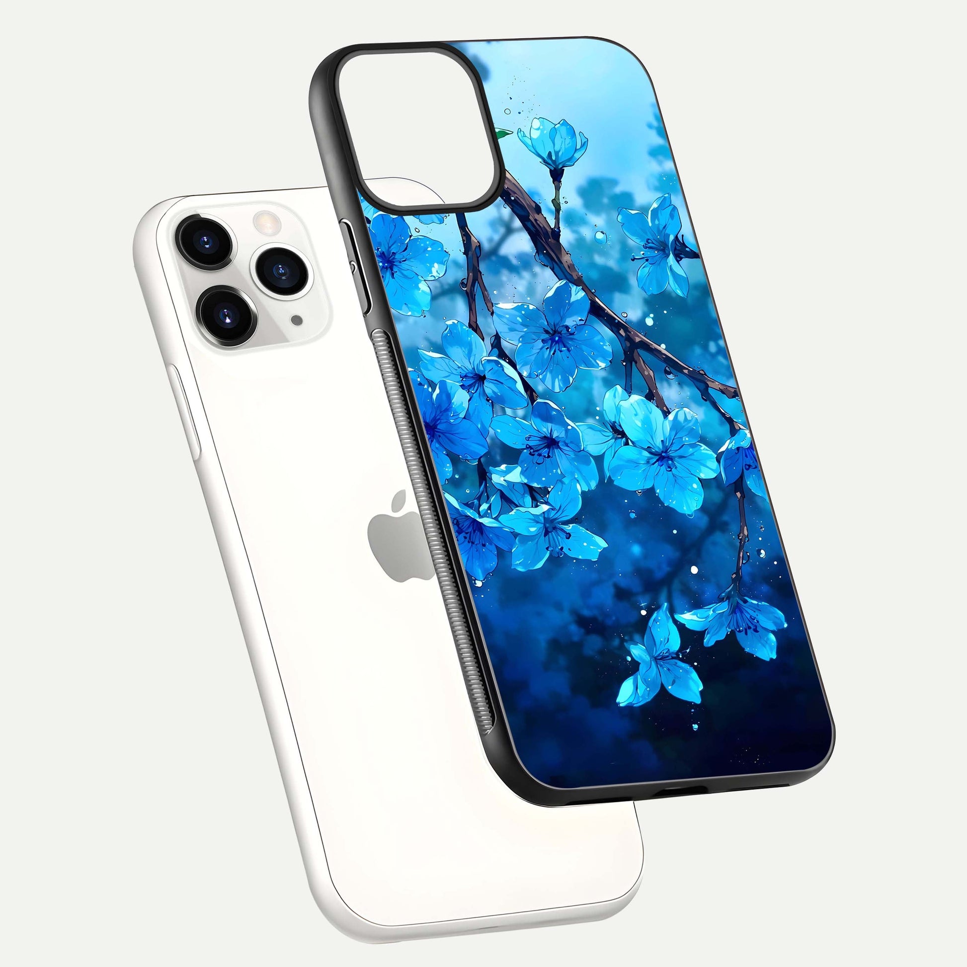 Blue Blossoms Branch Glass Case for iPhone 11 Pro floating mockup showing shine, curved edges, and branch detailing