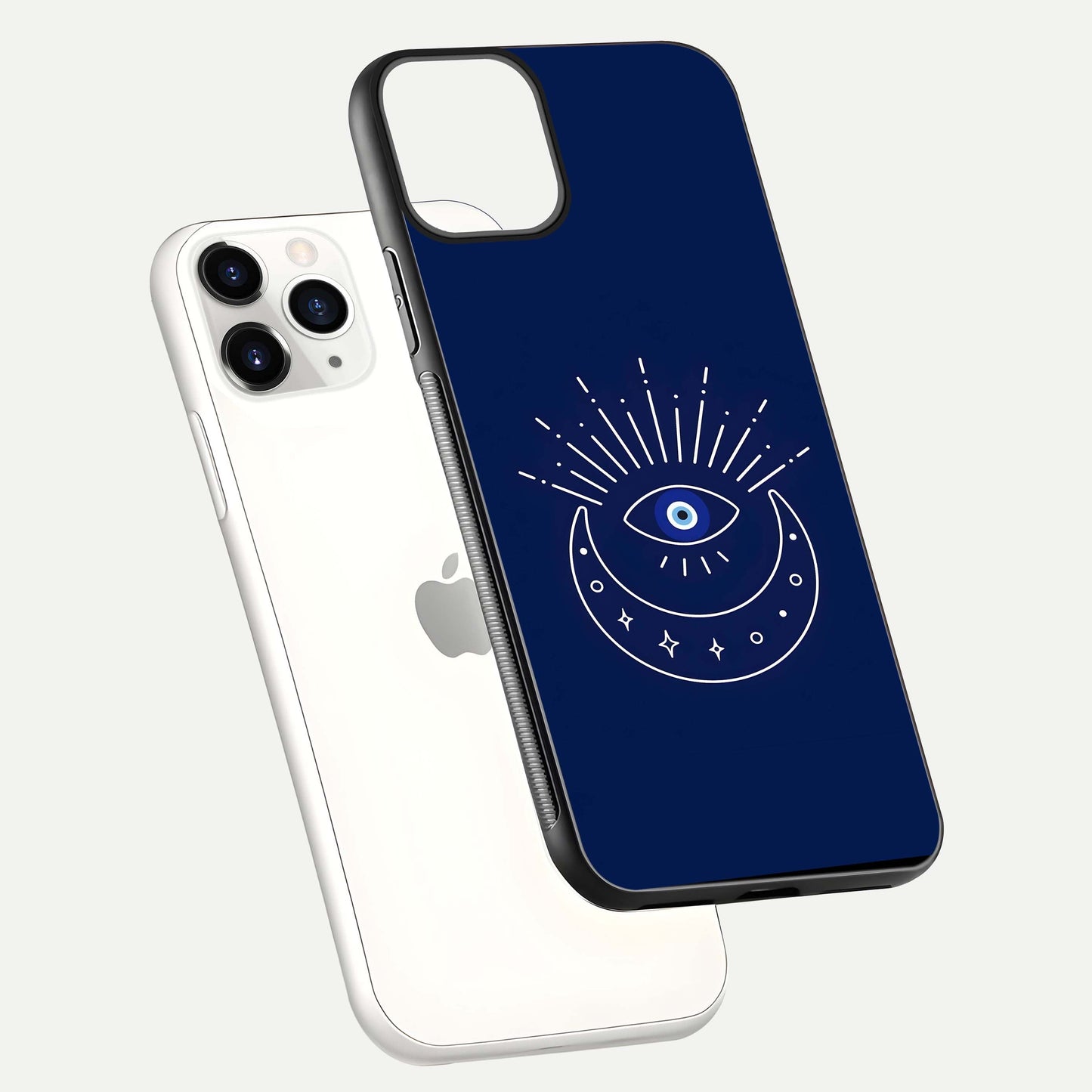 Blue Evil Eye Glass Case for iPhone 11 Pro floating mockup displaying glossy protection and spiritual artwork