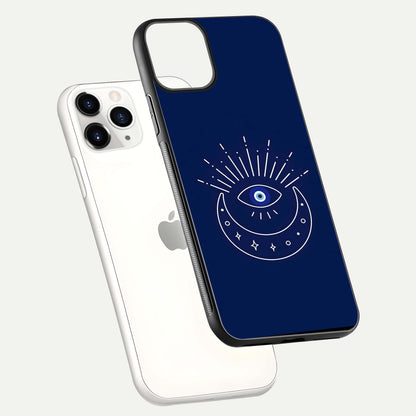 Blue Evil Eye Glass Case for iPhone 11 Pro floating mockup displaying glossy protection and spiritual artwork