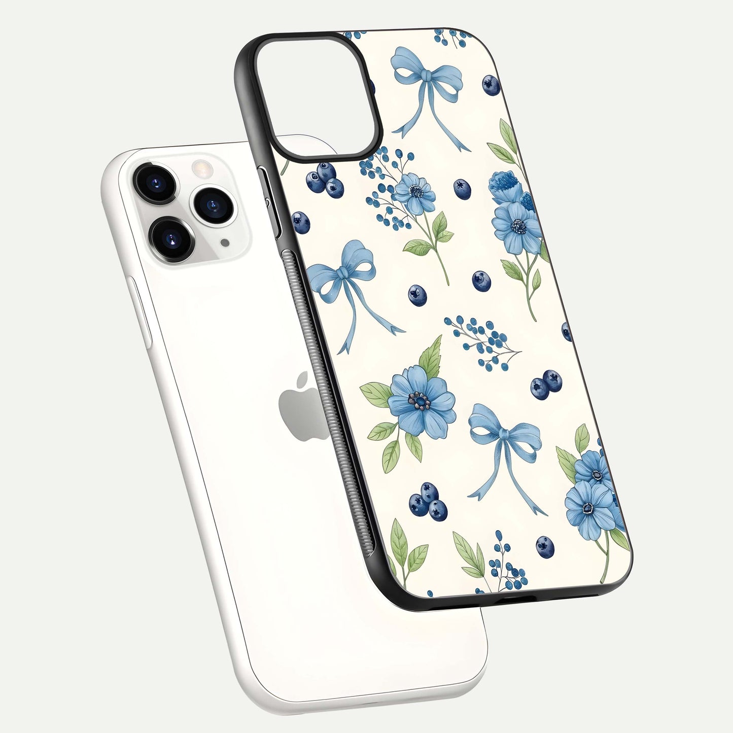 Blue Flower & Bow Glass Case for iPhone 11 Pro floating mockup capturing gloss reflection and girly aesthetic