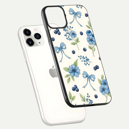 Blue Flower & Bow Glass Case for iPhone 11 Pro floating mockup capturing gloss reflection and girly aesthetic