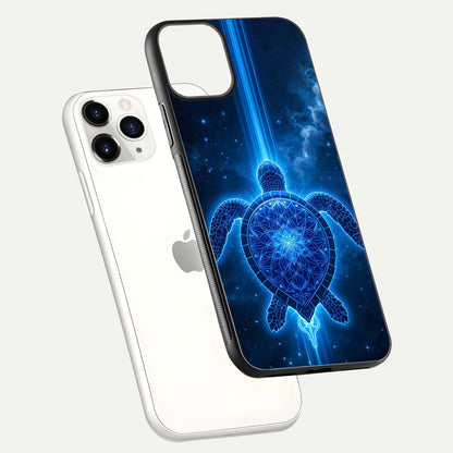 Blue Galaxy Turtle Glass Case for iPhone 11 Pro floating dual-mockup showing gloss depth and color transitions