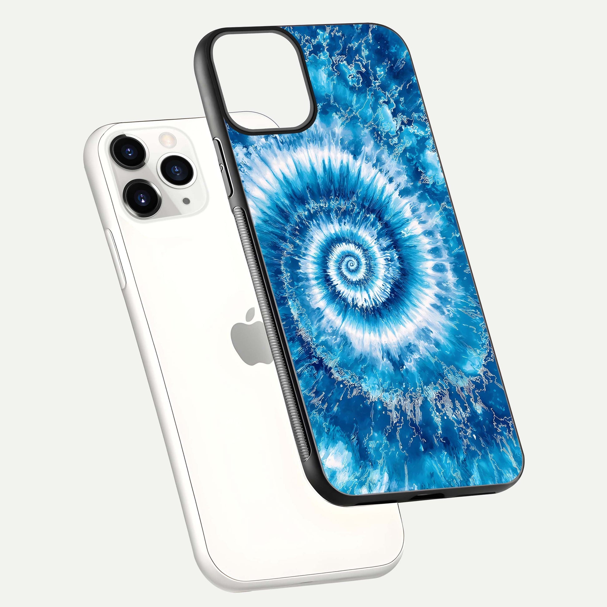 Blue Galaxy Wave Glass Case for iPhone 11 Pro floating mockup revealing cosmic depth and curved-edge texture