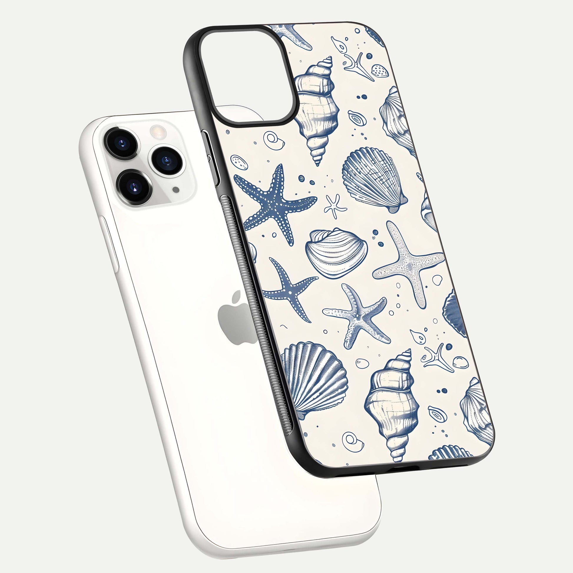 Blue Ocean Outline Glass Case for iPhone 11 Pro floating mockup displaying marine-inspired aesthetic and smooth surface