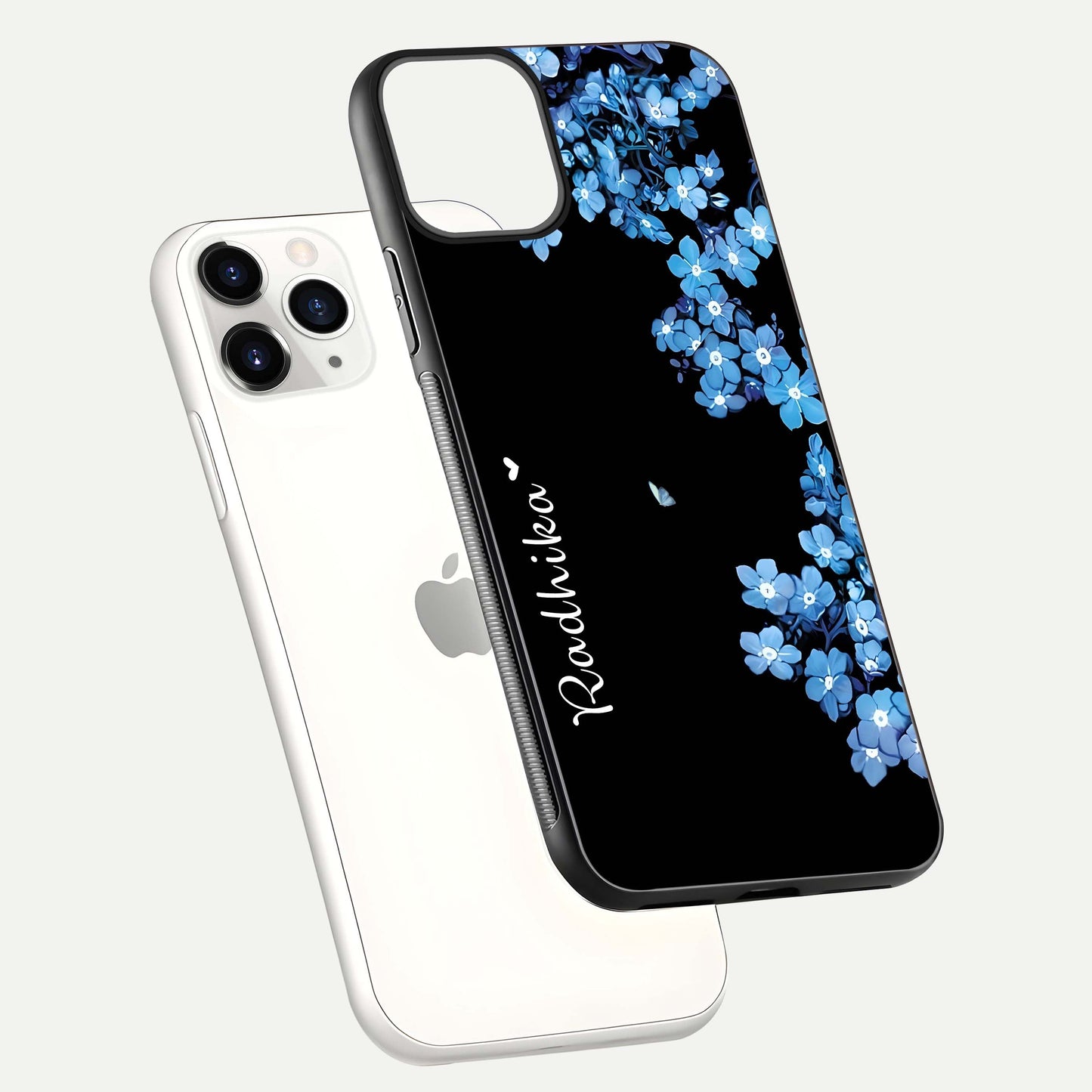 Blue Petal Dream Custom Name Glass Case for iPhone 11 Pro floating mockup capturing floral tones and glass shine