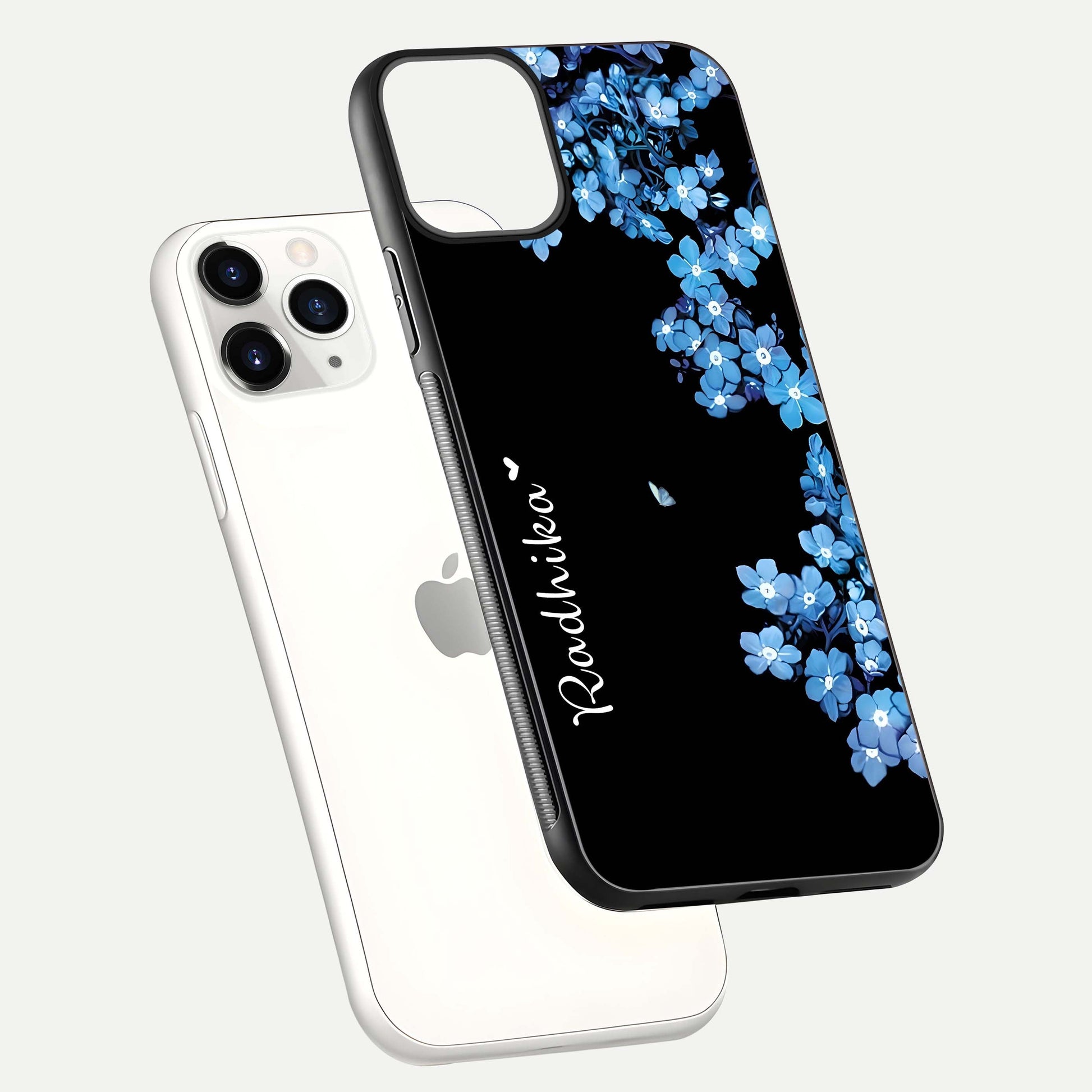Blue Petal Dream Custom Name Glass Case for iPhone 11 Pro floating mockup capturing floral tones and glass shine
