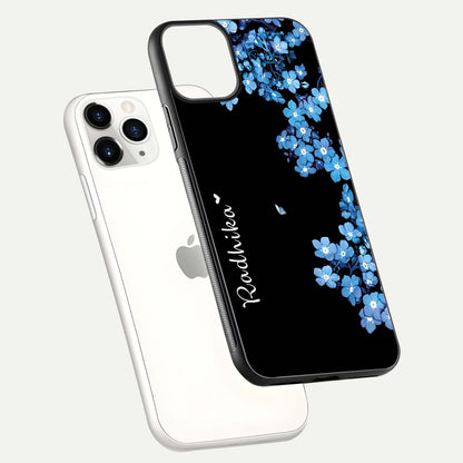 Blue Petal Dream Custom Name Glass Case for iPhone 11 Pro floating mockup capturing floral tones and glass shine