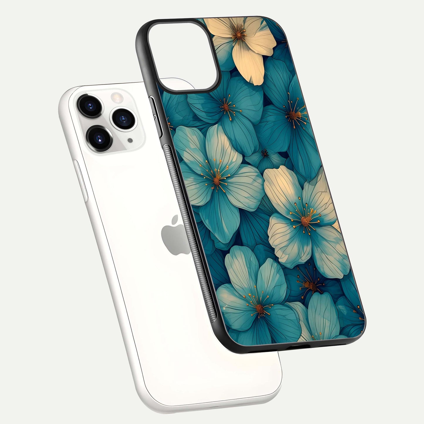 Blue Shade Floral Glass Case for iPhone 11 Pro floating mockup revealing gloss highlight and floral depth