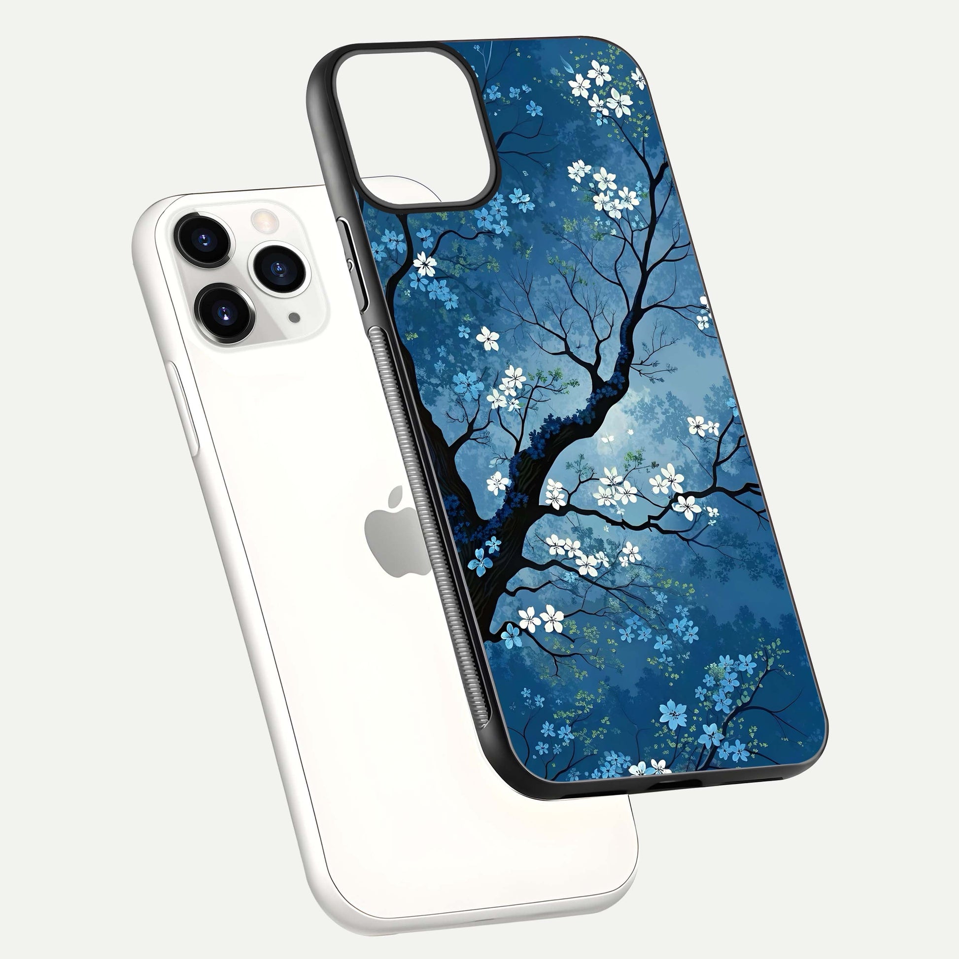 Blue Tree Serenity Glass Case for iPhone 11 Pro floating mockup displaying serene tones and HD glass polish