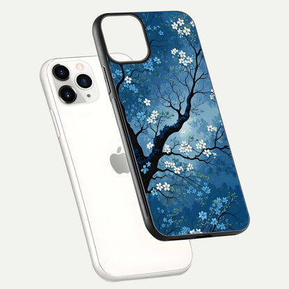 Blue Tree Serenity Glass Case for iPhone 11 Pro floating mockup displaying serene tones and HD glass polish
