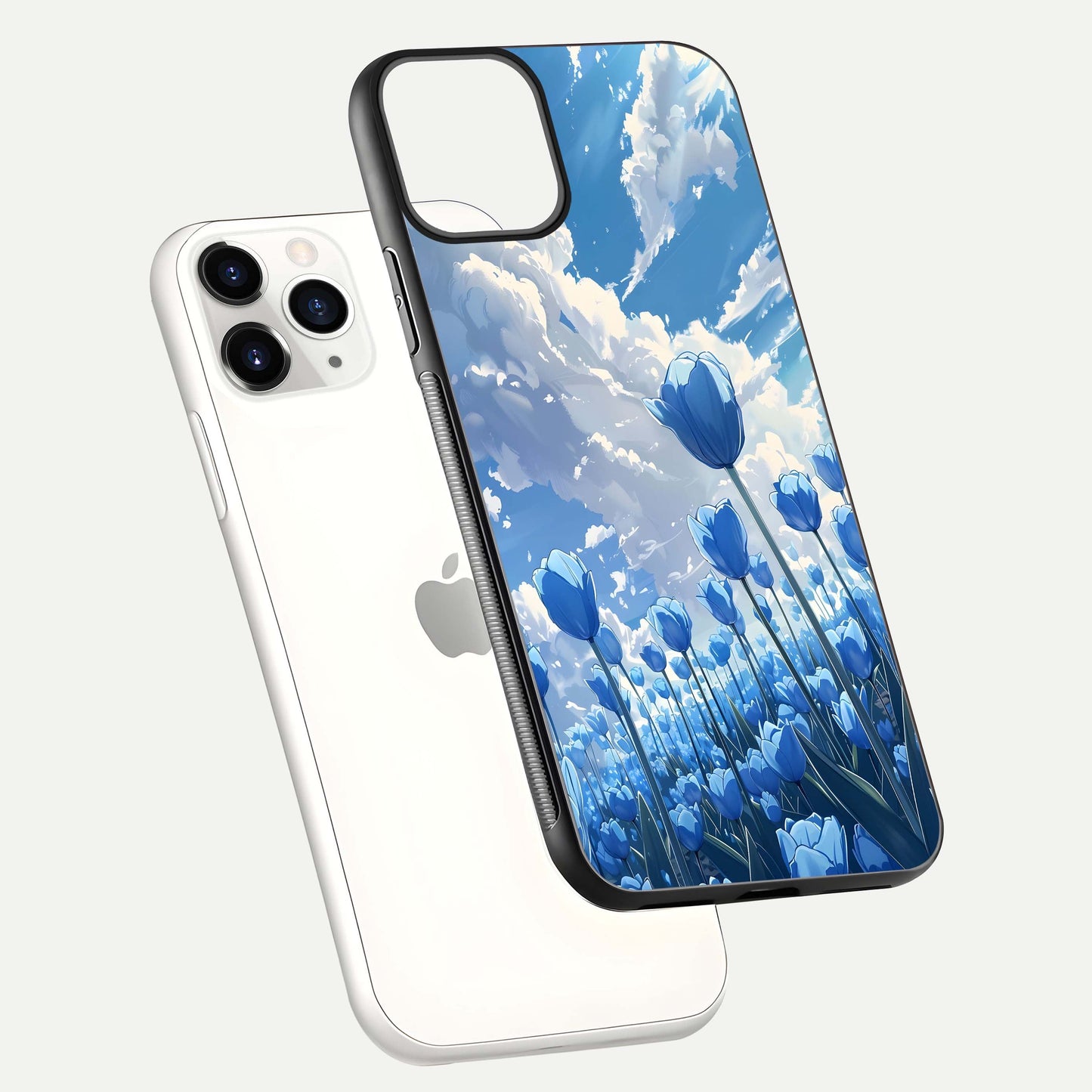 Blue Tulip Clouds Glass Case for iPhone 11 Pro floating mockup displaying tulip-cloud fusion art and smooth glass gloss