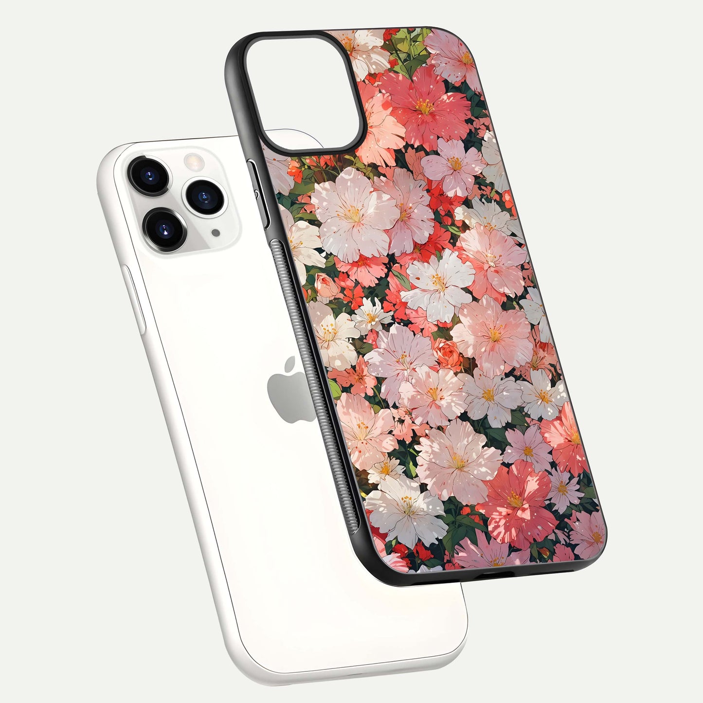 Blush Bloom Field Glass Case for iPhone 11 Pro floating mockup highlighting floral spread and edge reflection