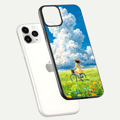 Breezy Meadow Ride Glass Case for iPhone 11 Pro floating mockup capturing serene tones and smooth finish