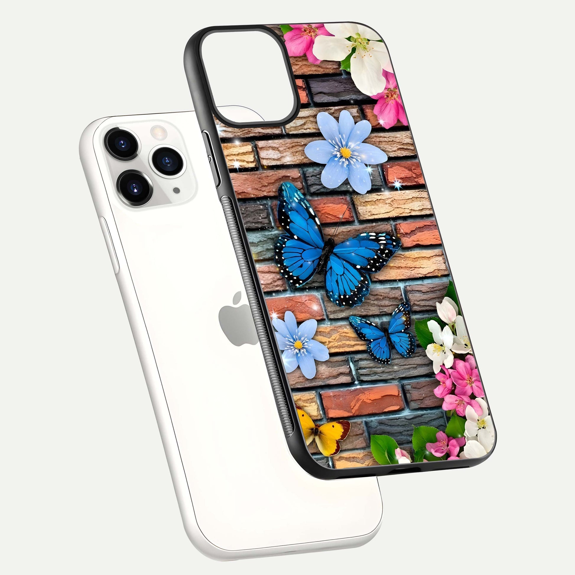 Brick Bloom Flight Glass Case for iPhone 11 Pro floating mockup displaying gloss reflection and pattern vibrancy