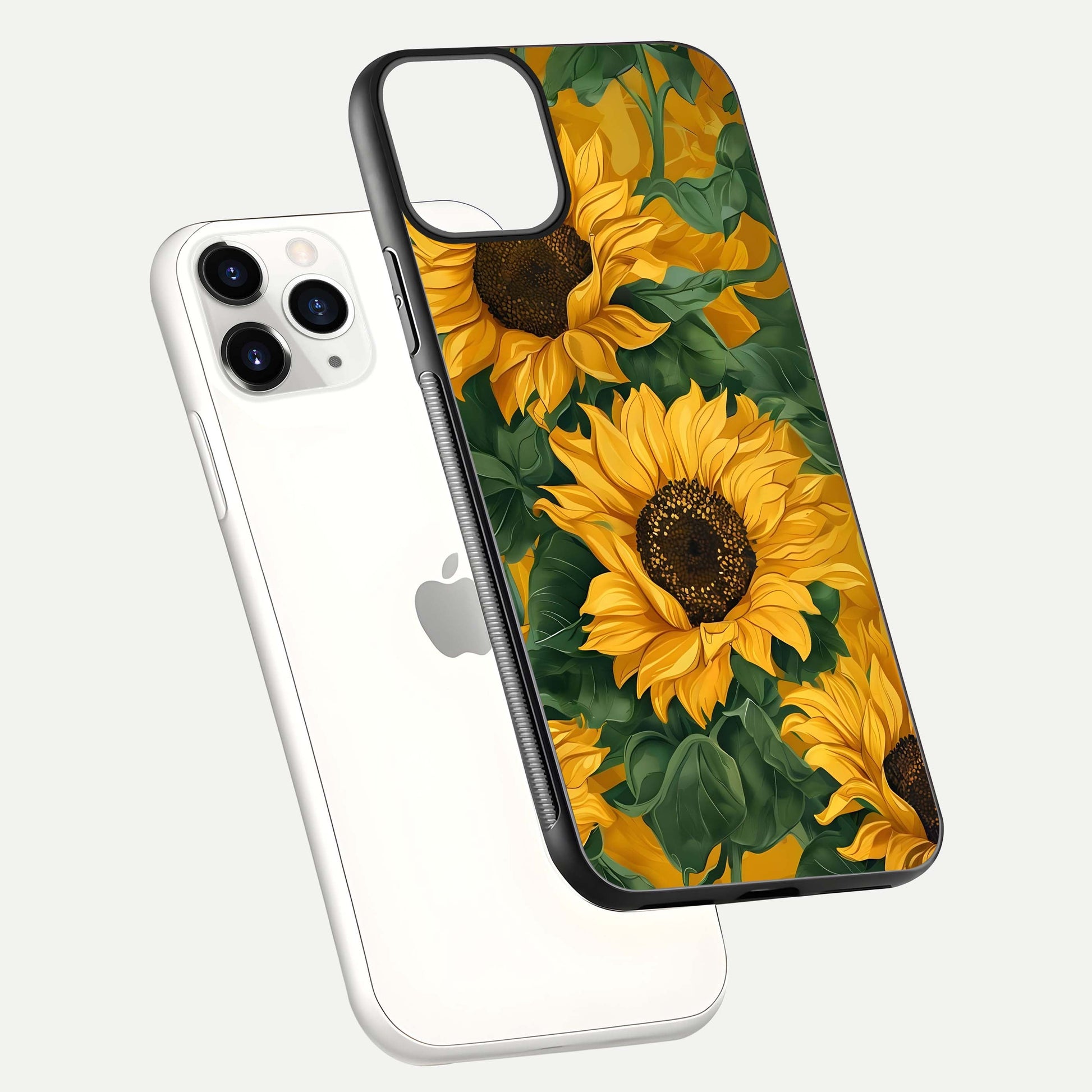 Bright Sunflower Bloom Glass Case for iPhone 11 Pro floating mockup capturing vibrant tones and gloss surface